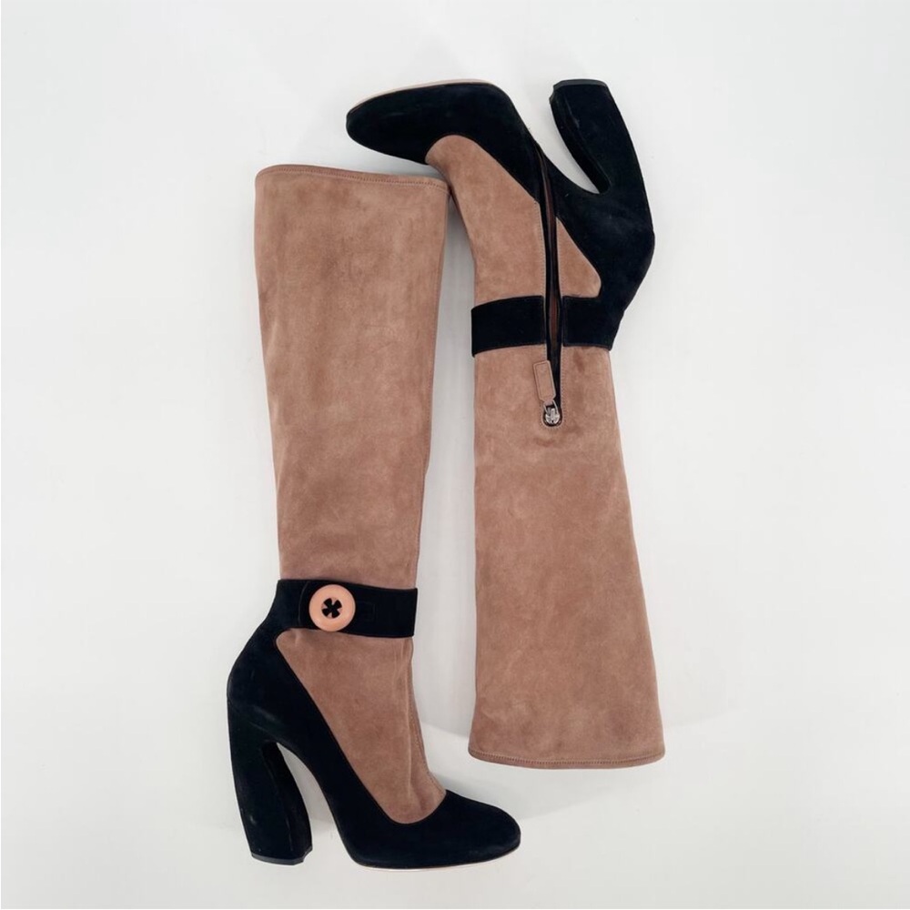 Prada Runway Knee High Suede Blush Pink Black High Heels Sock Boot Trompe L'oeil - Picture 4 of 14